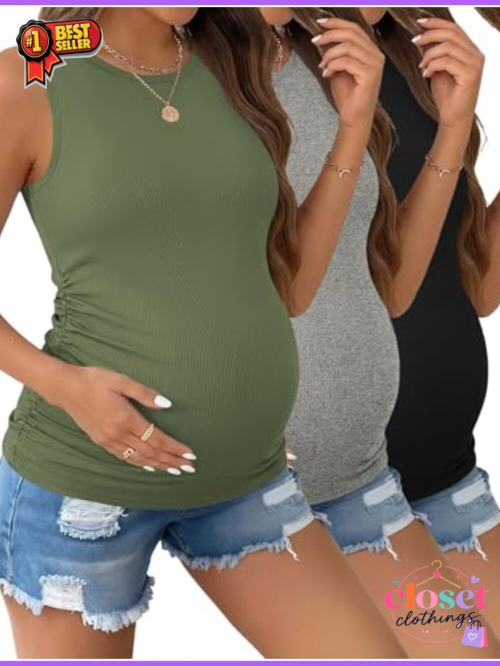 Ekouaer 3 Pack Maternity Tank Tops Crew Neck Ribbed Pregnancy Shirts